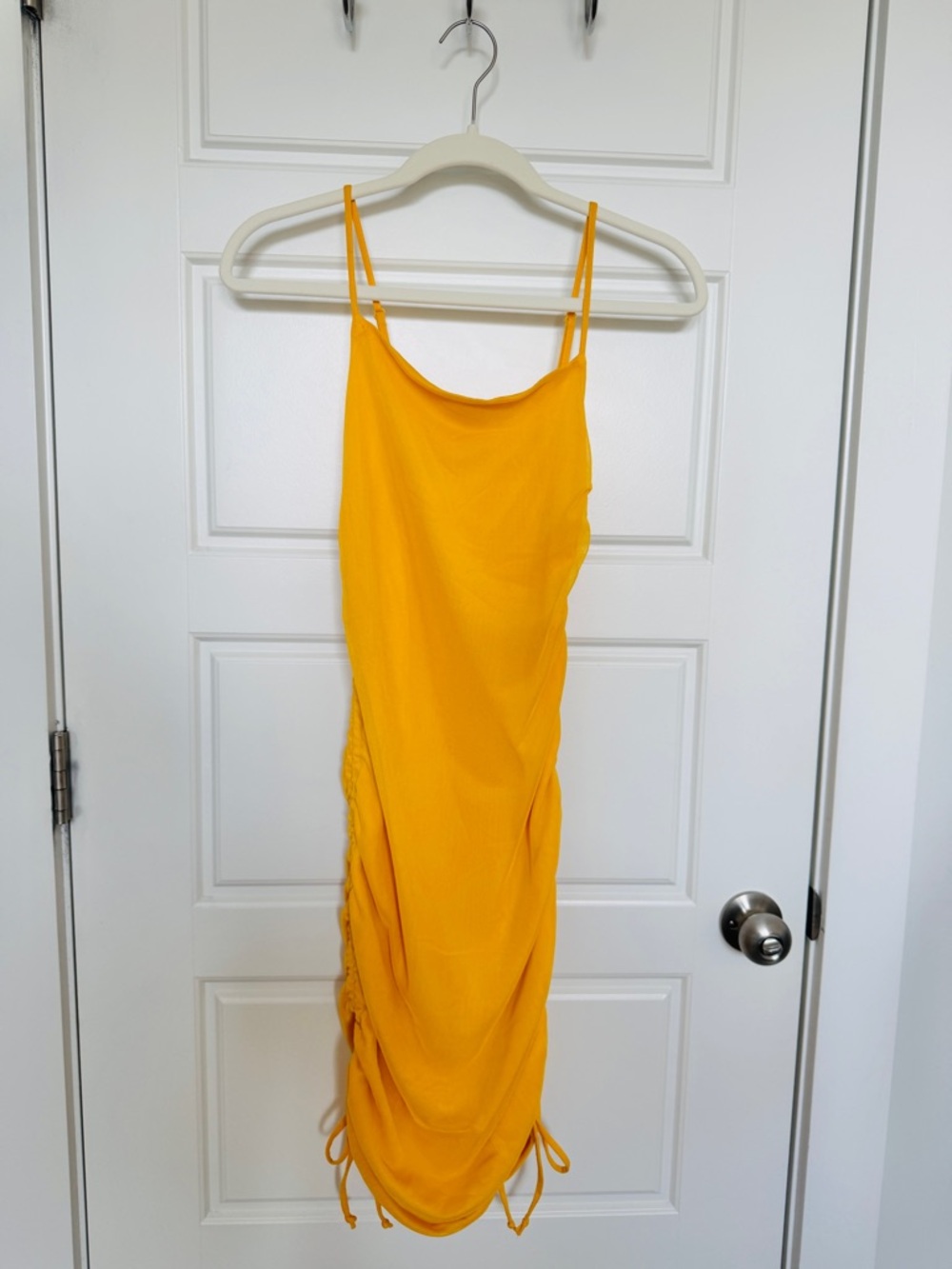 Yellow Spaghetti Strap Ruched Midi Dress